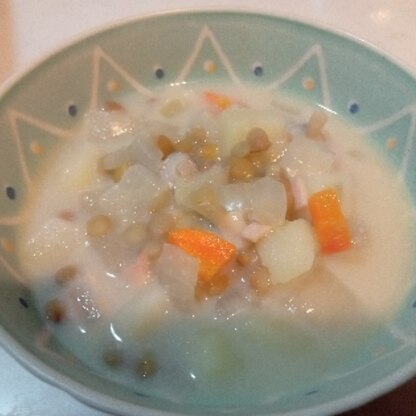 レンズ豆のスープが作りたくて参考にさせて頂きました。やさしい味のスープで美味しかったです。